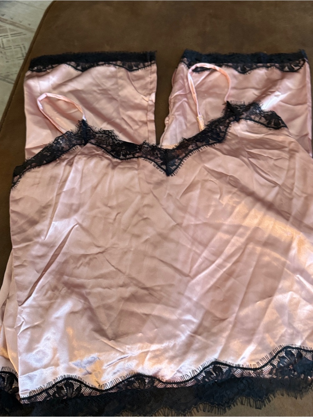 Silky Pink with Black Lace-Trim Cami and Wide Leg Pants Pajama Set